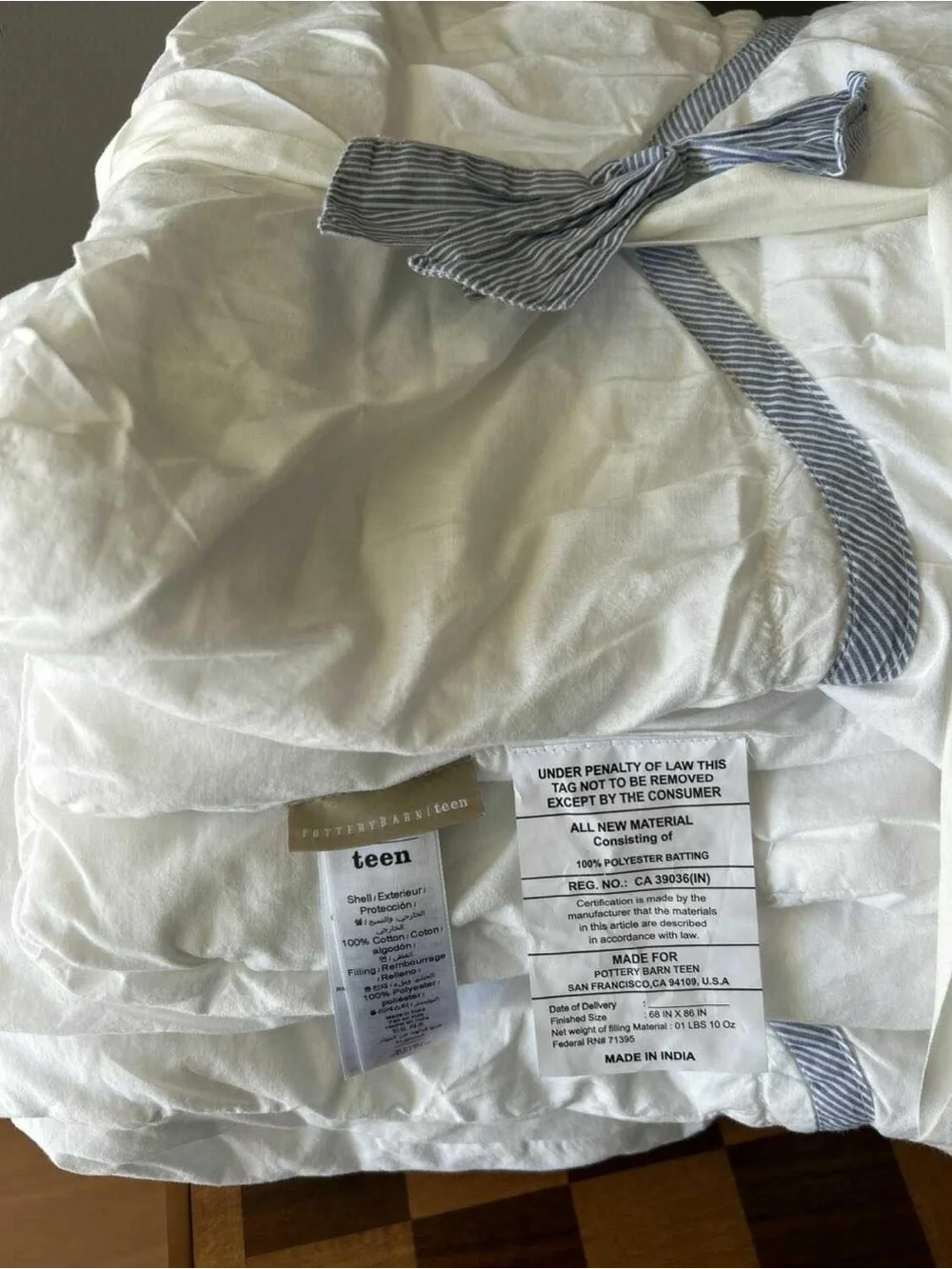 New Pottery Barn Stripe Bow Comforter size Twin /Twin XL with a Standard Sham.